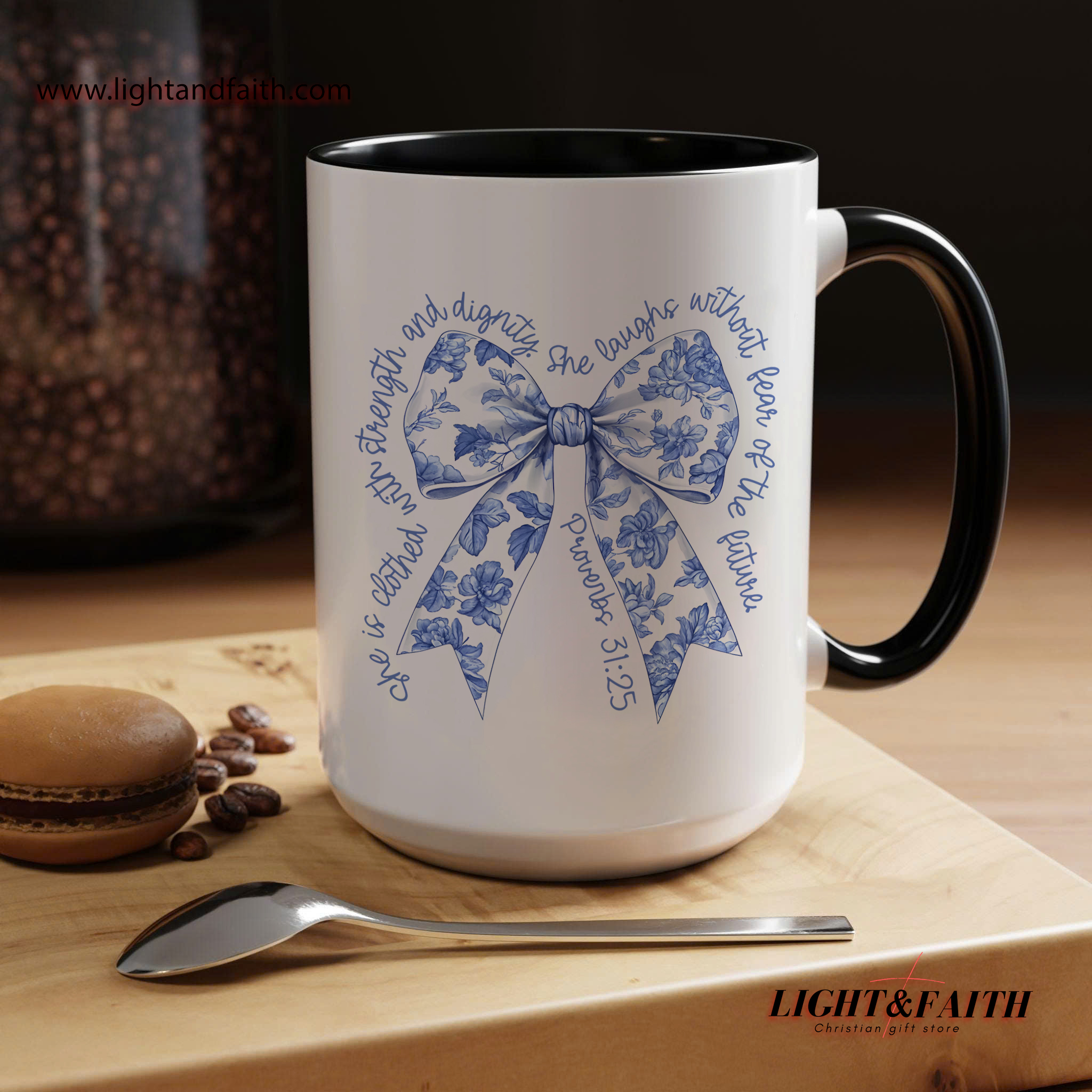 Proverbs 31:25 Christian Mug, She Is Clothed in Strength and Dignity Mug, Bible Verse Bow Mug, Inspirational Gift for Mom, Faith Mug for Women MULAF68